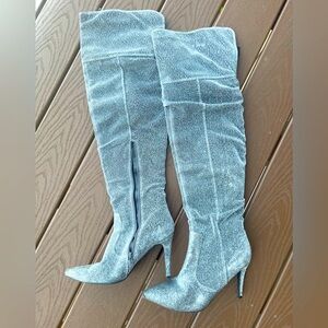 Shimmering Silver Thigh High Boots
